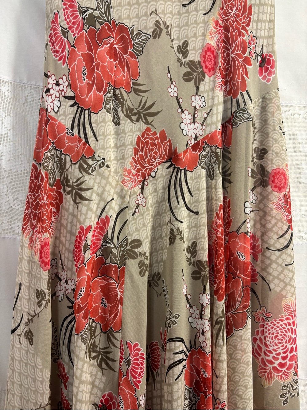 Tan+Red Floral Bias Cut Asymmetrical Hem Whimsy Cottage Fairy Dress Size M-L‎ - Picture 9 of 15